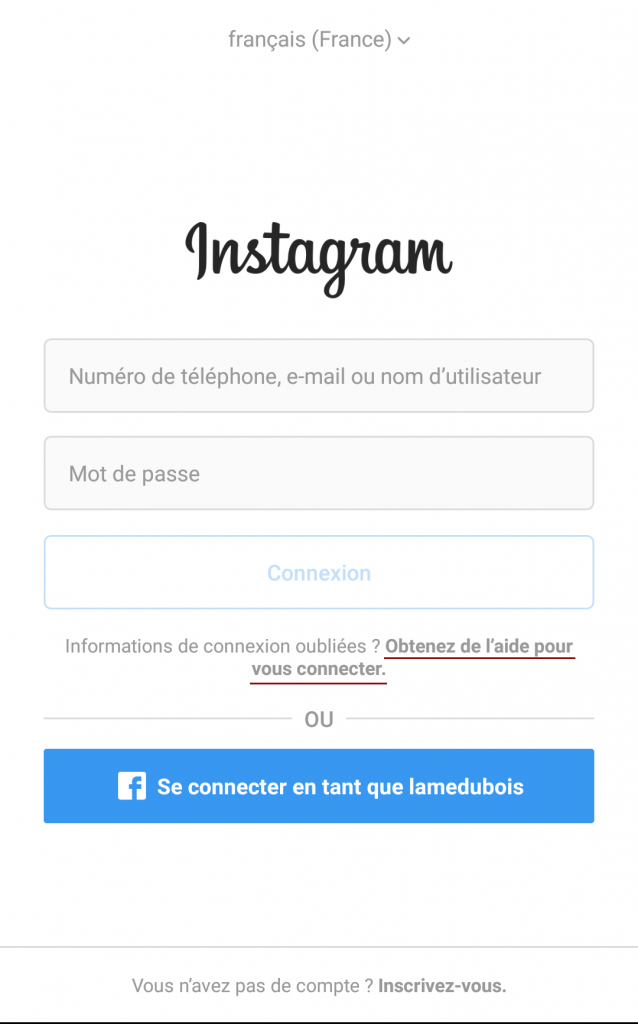 Interface connexion Instagram